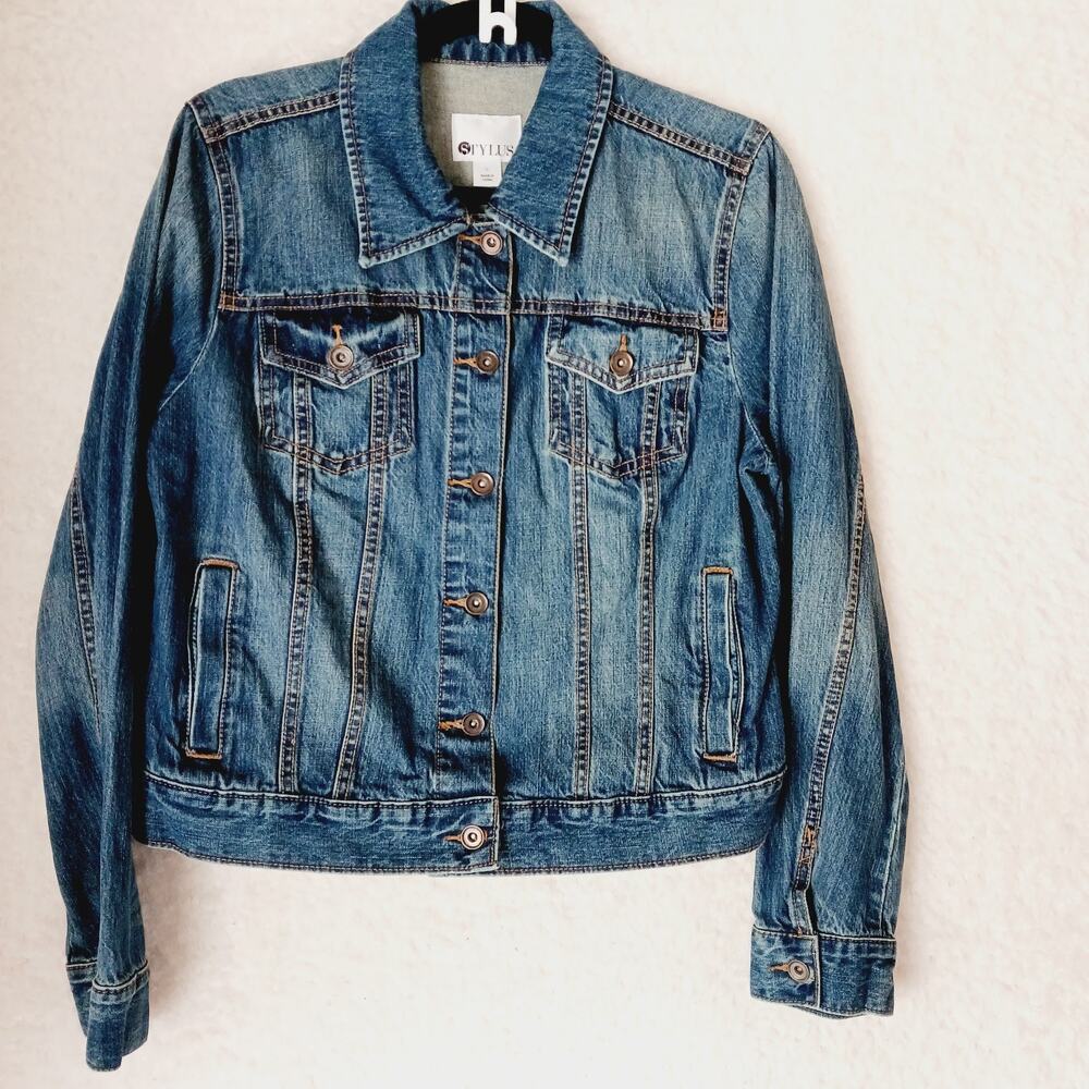 Jacket Women Jeans Denim Stylus Bomber Pockets Blue Long Sleeve Adj Back Size L